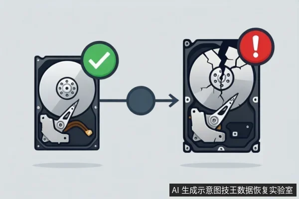 画面左侧为一块内部结构完好的机械硬盘,右上角有绿色对勾;右侧为同一硬盘,盘片出现明显裂纹,右上角有红色感叹号;中间箭头表示从正常到损坏的状态变化。