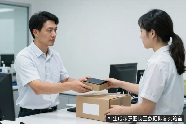 办公室内，一名男子将黑色硬盘递给一名女子，女子双手扶着桌上的纸箱。