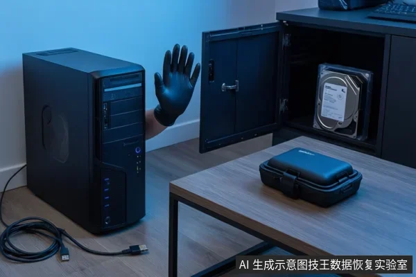 黑色台式主机旁伸出一只戴黑手套的手做停止手势,右侧柜门打开露出机械硬盘,桌上放着黑色外置硬盘盒。