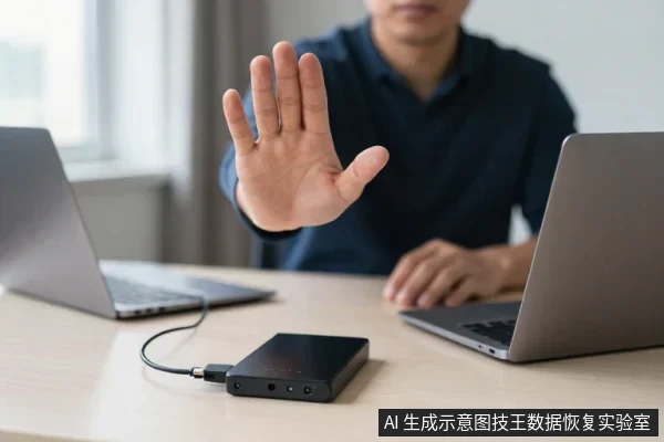 一名男子坐在桌前,面前有两台笔记本电脑和一个连接着线缆的黑色移动硬盘,他抬起右手做出停止手势。