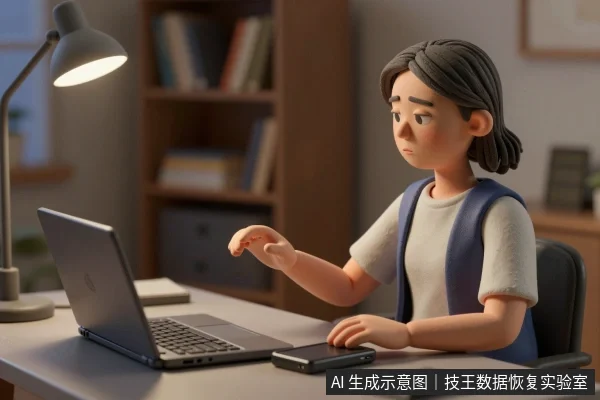 一位亚洲女性坐在书桌前,神情担忧地看着面前的笔记本电脑,手边放着一部手机。