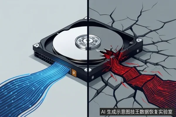 画面中央为一块机械硬盘,被竖直分割为左右两部分。左侧背景为浅灰色,蓝色数据流从硬盘接口流出;右侧背景为破碎的灰色地面,红色裂纹状物体撞击硬盘边缘,象征故障或损坏。