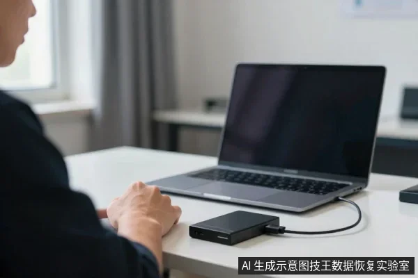 一名亚洲成年人坐在白色桌边,面前是一台打开的笔记本电脑,桌面放着一块黑色外置硬盘,通过黑色线缆与电脑相连。