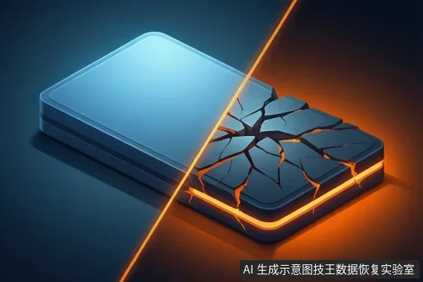 一块矩形存储设备被斜线分割，左侧呈蓝色完好状态，右侧表面布满裂纹并透出橙色光芒。