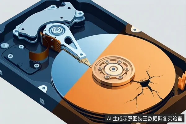 打开顶盖的机械硬盘示意图,盘片表面出现明显裂纹,磁头组件悬停在盘片上方,整体呈现物理损坏状态。