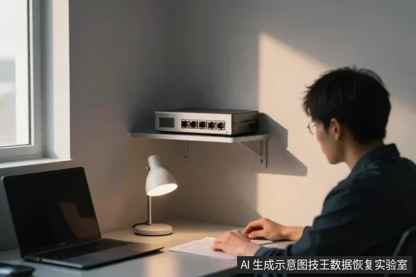 一名戴眼镜的亚洲男子坐在书桌前操作笔记本电脑，桌旁置物架上放着一台带多个网口的网络交换机。
