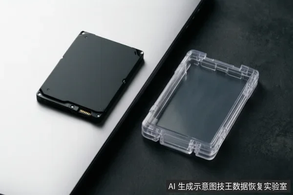 白色与黑色台面上并排放置一块黑色2.5英寸硬盘和一个透明塑料硬盘保护盒,画面无文字。