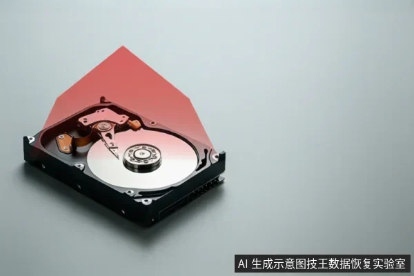 一块打开顶盖的机械硬盘置于浅灰背景上，盘片与磁头臂可见，上方覆盖半透明红色警示区域，示意风险状态。
