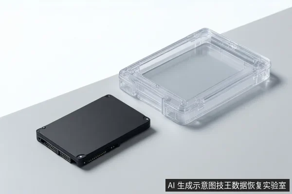 画面中平放着一块黑色2.5英寸硬盘，旁边放置一个透明的塑料硬盘保护盒，背景为浅灰色桌面。