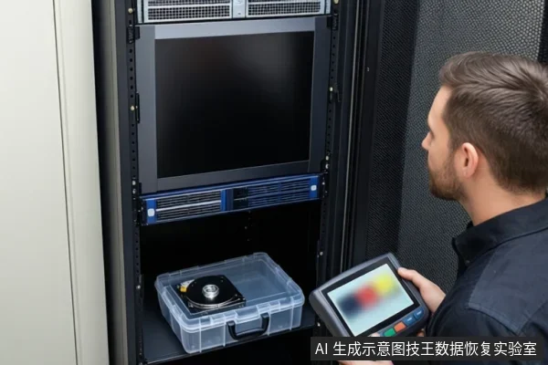 机柜内放有监控主机和透明盒中的机械硬盘,一名男子手持带彩色屏幕的手持检测仪查看设备。