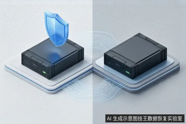 两块黑色矩形存储设备并排放在白色底座上，左侧设备上方悬浮蓝色盾牌图标，中间有蓝色波纹连接两者。