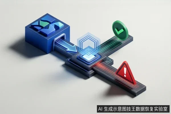 蓝色数据块进入中央处理节点,随后分出绿色对勾与红色警告两条路径,示意数据检测与分流。