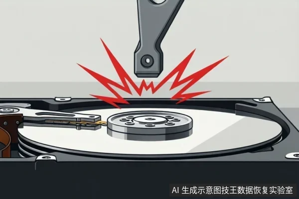 机械硬盘内部示意图,磁头臂悬停在盘片上方,红色闪电状符号表示磁头与盘片发生碰撞或冲击。