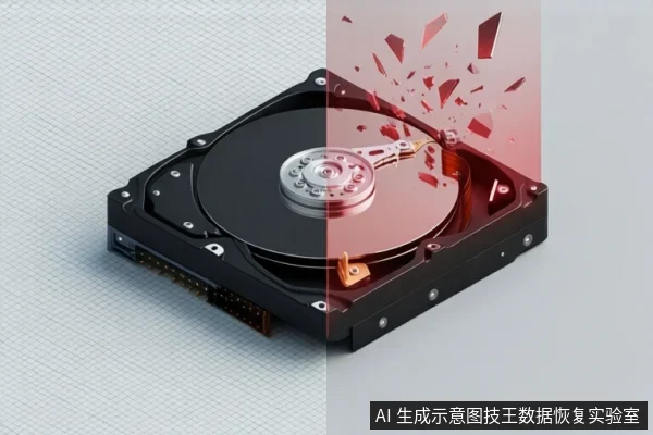 一块打开的机械硬盘斜放在浅色网格背景上,画面右侧用红色碎裂效果示意盘片受损,磁头臂位于盘片上方。