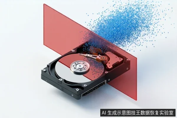白色背景中展示一个打开的机械硬盘,盘片与磁头组件可见,后方竖立一块红色半透明挡板,蓝色颗粒从挡板上方喷涌而出。