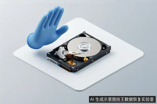 白色台面上放置一块打开外壳的机械硬盘,盘片与磁头组件可见;左侧一只蓝色手套手掌悬停在硬盘上方,呈停止或禁止触碰姿态。