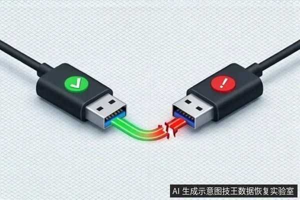 画面中两根USB数据线接头相对,左侧接头带绿色对勾,右侧带红色感叹号,中间绿色与红色信号流断裂,示意连接失败。