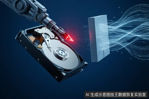 机械硬盘打开外壳,磁头组件伸出并发出红光,向右侧一块白色矩形板发射光束,背景为蓝色数据流。