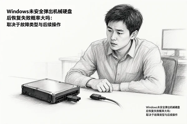 文章内容场景示意图：Windows未安全弹出机械硬盘后恢复失败概率大吗：取决于故障类型与后续操作