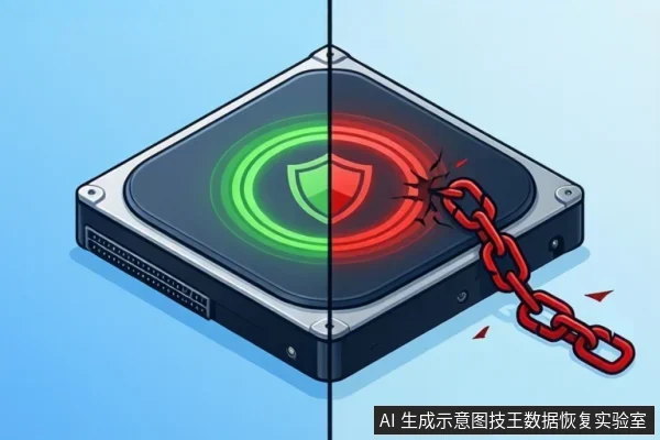 一块硬盘被竖直分为两半:左半显示绿色盾牌与光环,右半显示红色光环、裂纹和一条红色链条。