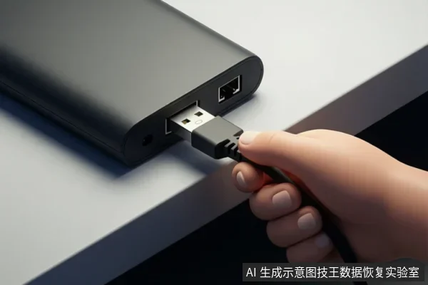 黑色外置存储设备侧面特写，一只手正将USB数据线插入设备接口，旁边可见网口和电源孔。