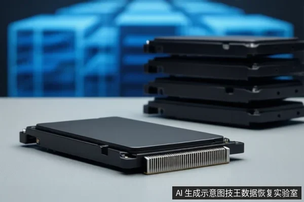 白色桌面上放置一块黑色SAS接口硬盘,背景有一叠黑色硬盘,后方为蓝色模糊机房设备。
