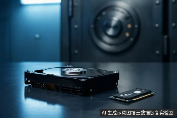 深色桌面上放置一块打开的机械硬盘和一枚M.2固态硬盘，背景为虚化的设备面板。