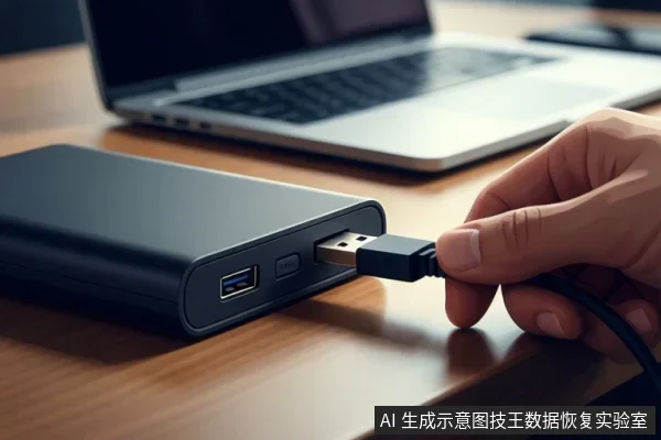 一只手正将USB数据线插入黑色移动硬盘的接口,背景中有一台笔记本电脑。
