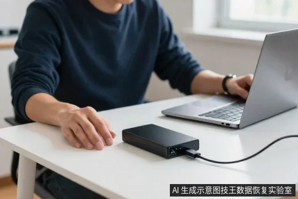 一名穿深蓝色长袖上衣的人坐在白色桌前，右手放在桌面上，左手操作银色笔记本电脑；桌上放着一块黑色外置硬盘，通过黑色数据线连接电脑。