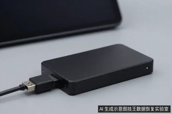 黑色长方形外置硬盘平放在浅灰色桌面上,左侧插着一根黑色USB数据线,背景有模糊的黑色笔记本电脑边缘。