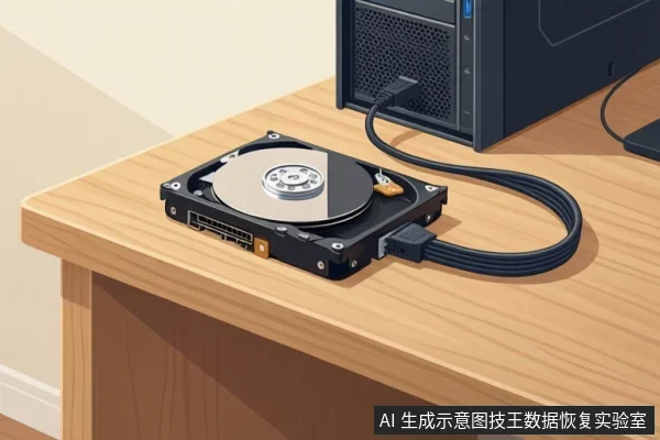 木桌上放置一块机械硬盘,通过黑色线缆连接至旁边的电脑主机,示意硬盘通电连接状态。