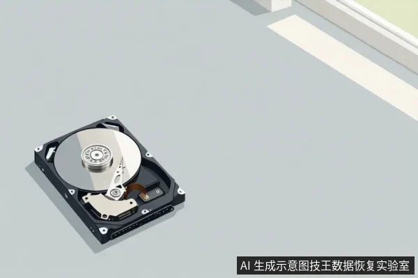 灰色背景上放置一个打开外壳的机械硬盘,可见金属盘片、主轴和读写磁头组件。