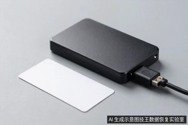 灰色桌面上放置着一块黑色长方形外置硬盘，右侧插着黑色USB数据线，左侧平放着一张白色卡片。