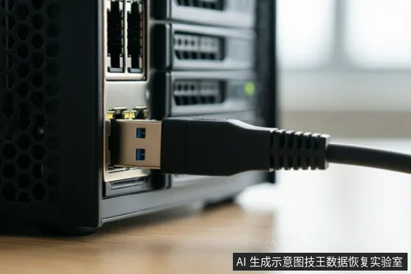 黑色机箱后部接口面板上,一个USB插头插入USB端口,上方可见多个RJ45网口,右侧有硬盘托架和绿色指示灯。