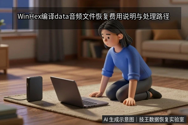 一名亚洲女性坐在客厅地毯上，面前放着一台笔记本电脑和一个黑色外置硬盘，她正专注地看着电脑屏幕。