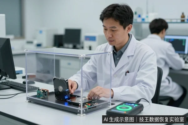 一名穿白大褂的亚洲男性在实验室内,将硬盘放入透明亚克力罩内的检测台上,旁边有电路板和手持检测仪。