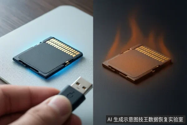 画面分为左右两部分。左侧展示一张黑色的CF卡放置在白色表面上，旁边有一只手拿着一个USB读卡器。右侧展示一张棕色的CF卡，其上方有橙色的火焰特效，暗示发热或故障。