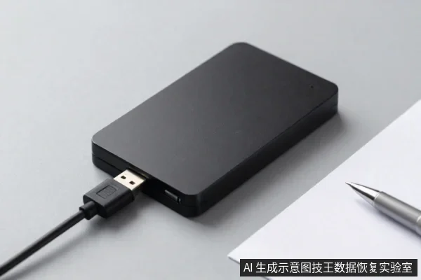 黑色外置硬盘盒平放于桌面,USB数据线插在接口上,旁边有白纸和笔。