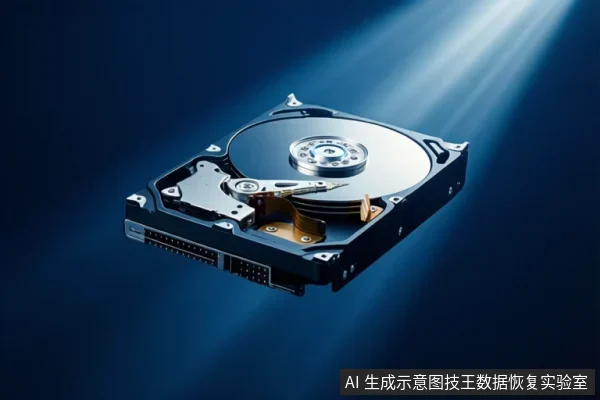 蓝色背景中悬浮展示一块打开外壳的机械硬盘,可见盘片、主轴、磁头臂和接口,右上方有光束照射。