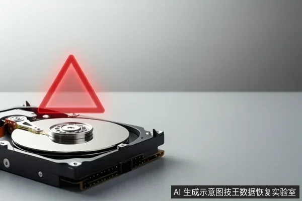 一块打开顶盖的机械硬盘平放在灰色桌面上，盘片与磁头组件可见，上方悬浮一个红色发光三角形警告标志。