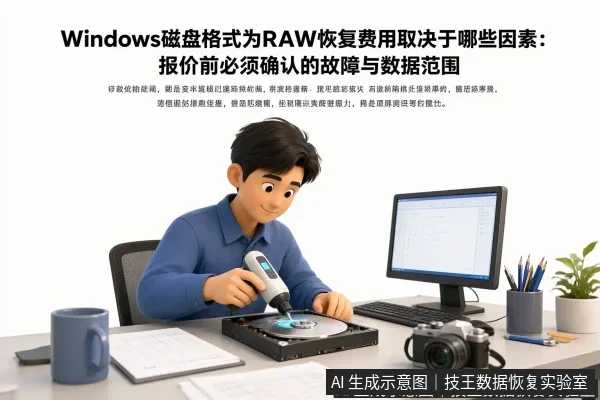 正文场景:文章内容场景示意图:Windows磁盘格式为RAW恢复费用取决于哪些因素:报价前必须确认的故障与数据范围