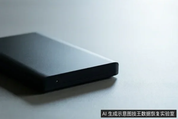 画面中展示了一个黑色的长方形电子设备,放置在白色平面上,设备侧面可见一个微小的指示灯孔,整体外观类似移动硬盘或固态硬盘。