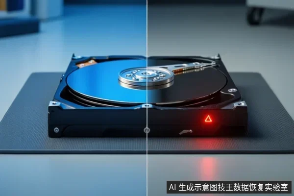 画面中一个打开的机械硬盘静置在深色台面上,盘片呈蓝色,右侧有红色警告灯亮起,背景为模糊的办公环境。