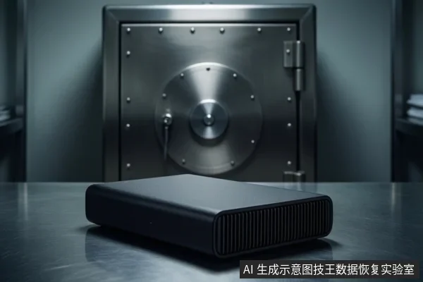 画面前景是一台黑色长方形外置硬盘，背景为一扇带圆形转盘的金属保险库门，整体环境偏暗。