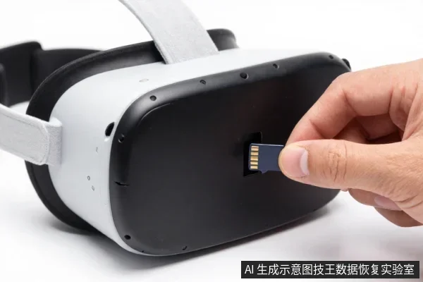一只手将microSD卡插入白色VR头显侧面的卡槽