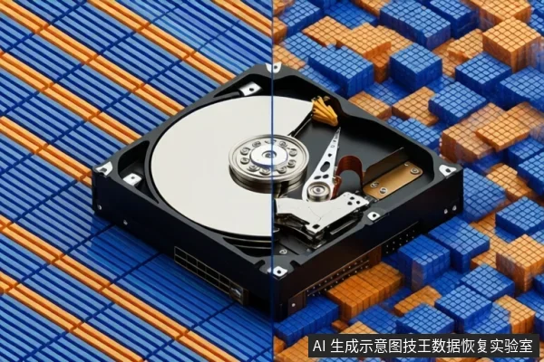 画面中央是一块打开的机械硬盘,露出盘片与磁头组件;背景左侧为蓝橙相间的条带图案,右侧为蓝橙相间的立方体阵列。