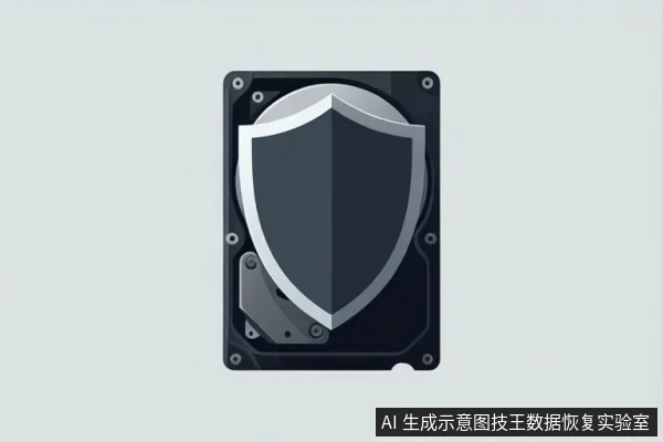 灰色背景中央展示一个深色硬盘外壳,内部可见圆形盘片结构,上方覆盖一个银灰色盾牌图标。