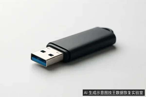 白色背景上斜放一个黑色USB闪存盘,金属接口内可见蓝色塑料片,主体完整且无文字。