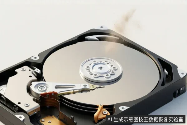 一块打开外壳的机械硬盘，可见盘片、主轴和磁头臂，背景为浅色环境。