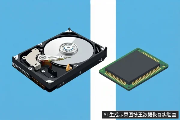 蓝色背景上左侧为打开顶盖的机械硬盘,右侧为一块带金手指的存储芯片,中间以白色竖条分隔。